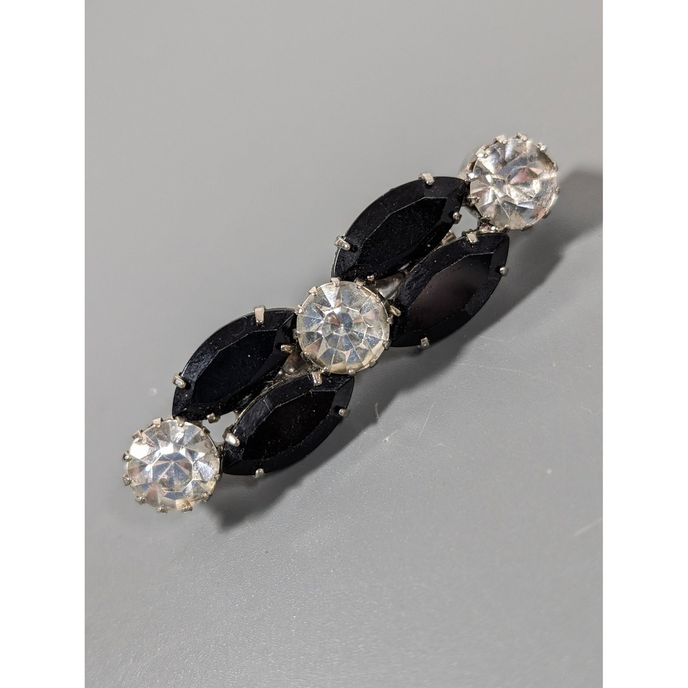 Vintage‎ Black Clear Rhinestone Bar Brooch Pin Silver Tone Mid Century Style